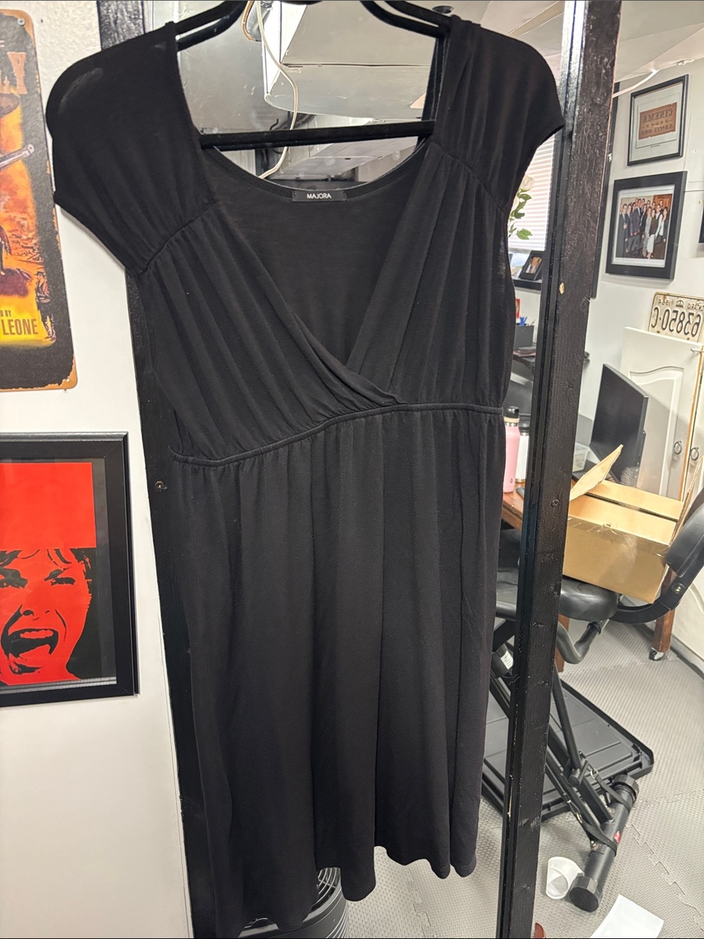 Majora Black Cap-Sleeve Faux-Wrap Midi Dress